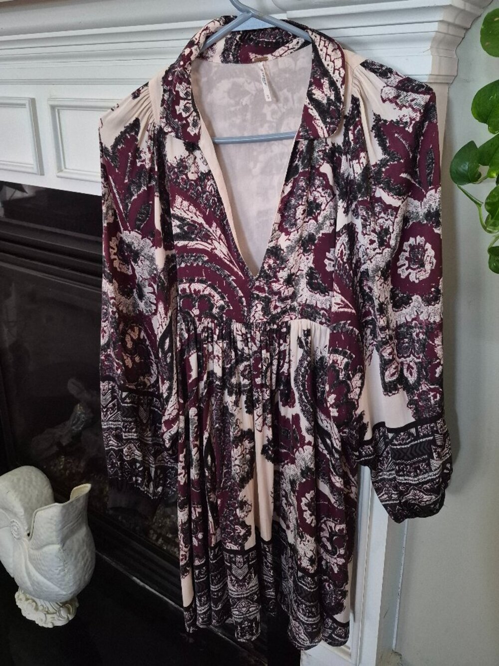 Free People Cream Red Black Say You Love Me Long Sleeve Mini Boho Dress XS